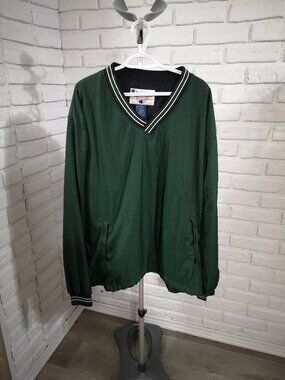 VTG Champion Men's Size XL Dark Green V-neck Lined in White Pullover Windbreaker